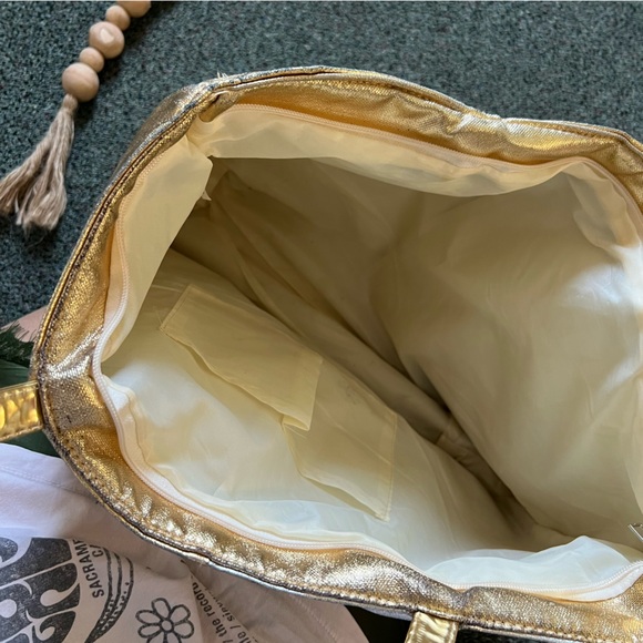 Color-block Shiny Metallic Silver & Gold Medium Large Tote Bag Pockets Laptop - Picture 11 of 16